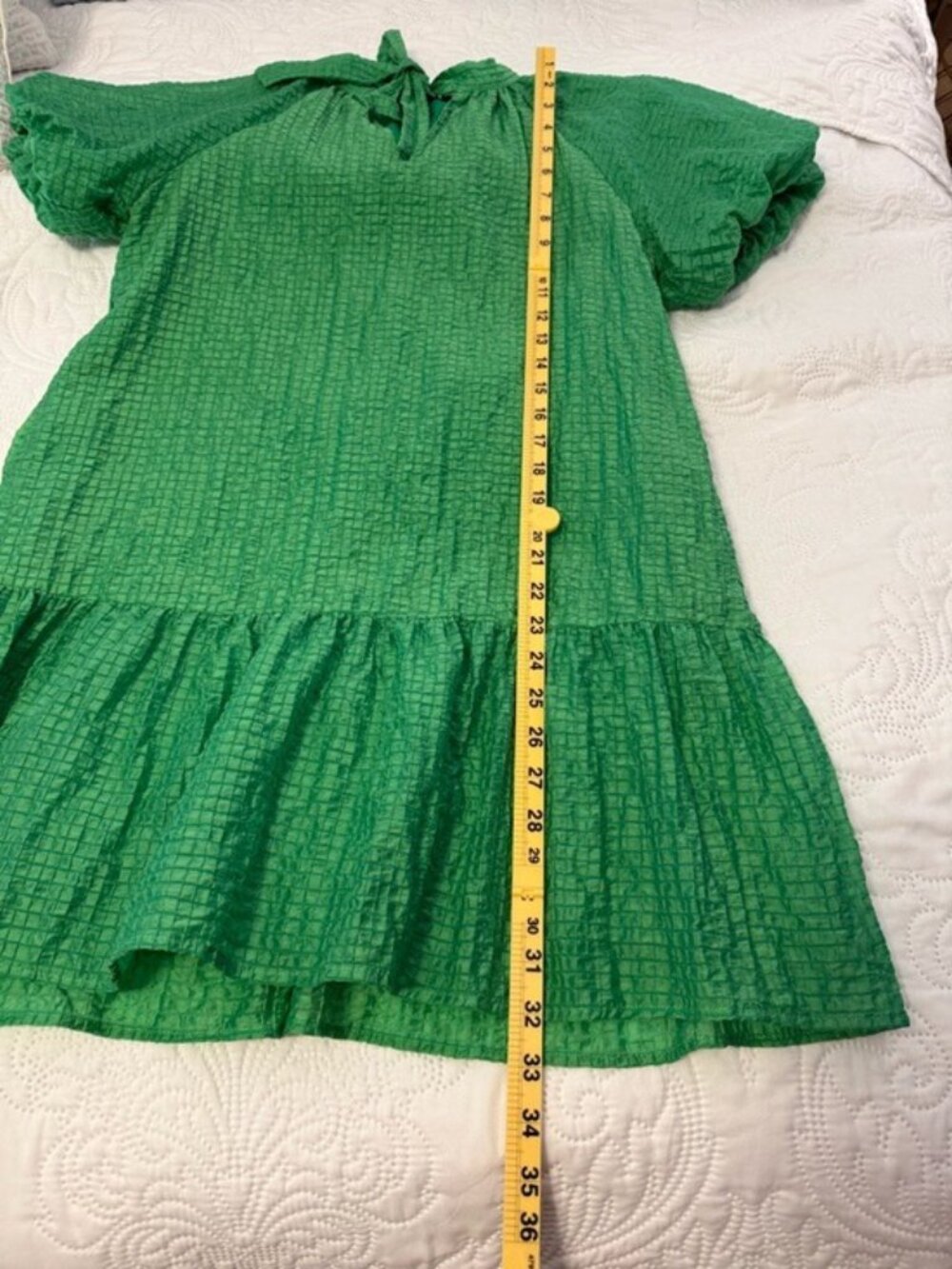 THML Green Textured Mini Dress Small Tie Neck Puff Sleeve Tier Boho Cottagecore - Picture 10 of 12